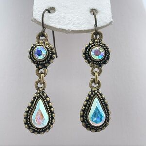 Vintage Brass Dangle Earrings with AB Rhinestones, Boho Teardrop Design